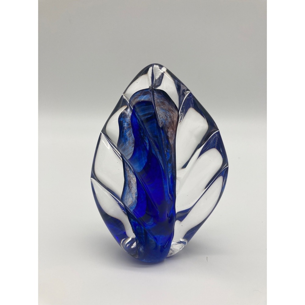 Brilliant Kristal De Blaaspijp Art Glass Leaf Paperweight Blue Clear Holland